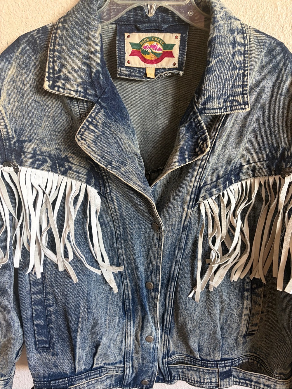 Vintage Rock Creek Women's Blue Denim white Fringe Jacket size 22W faded biker